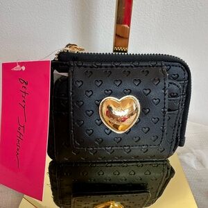 NWT Betsey Johnson XO French Black & Gold Heart Patterned Keychain Charm Wallet